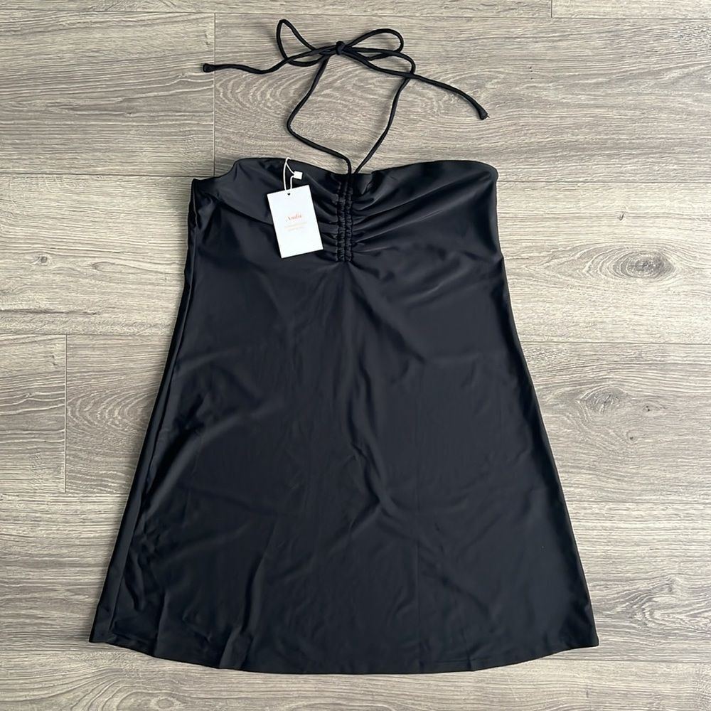 ANDIE Swim Coverup Mini Dress Medium Black Halter Ruched 90s Y2K Resortwear NWT
